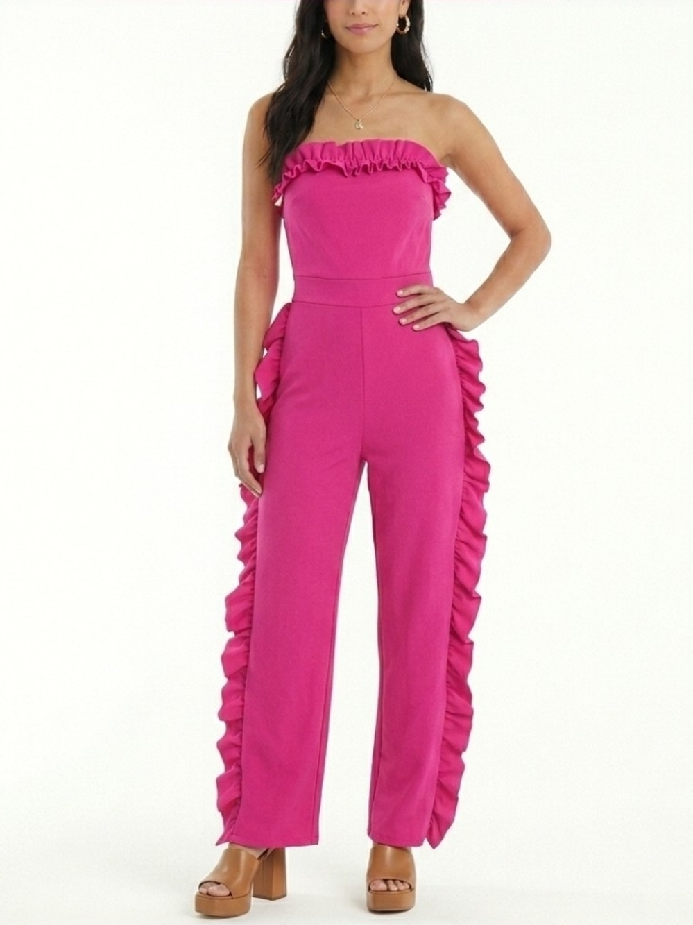 AKIRA Hot Pink Strapless Ruffled Side-Trim Jumpsuit